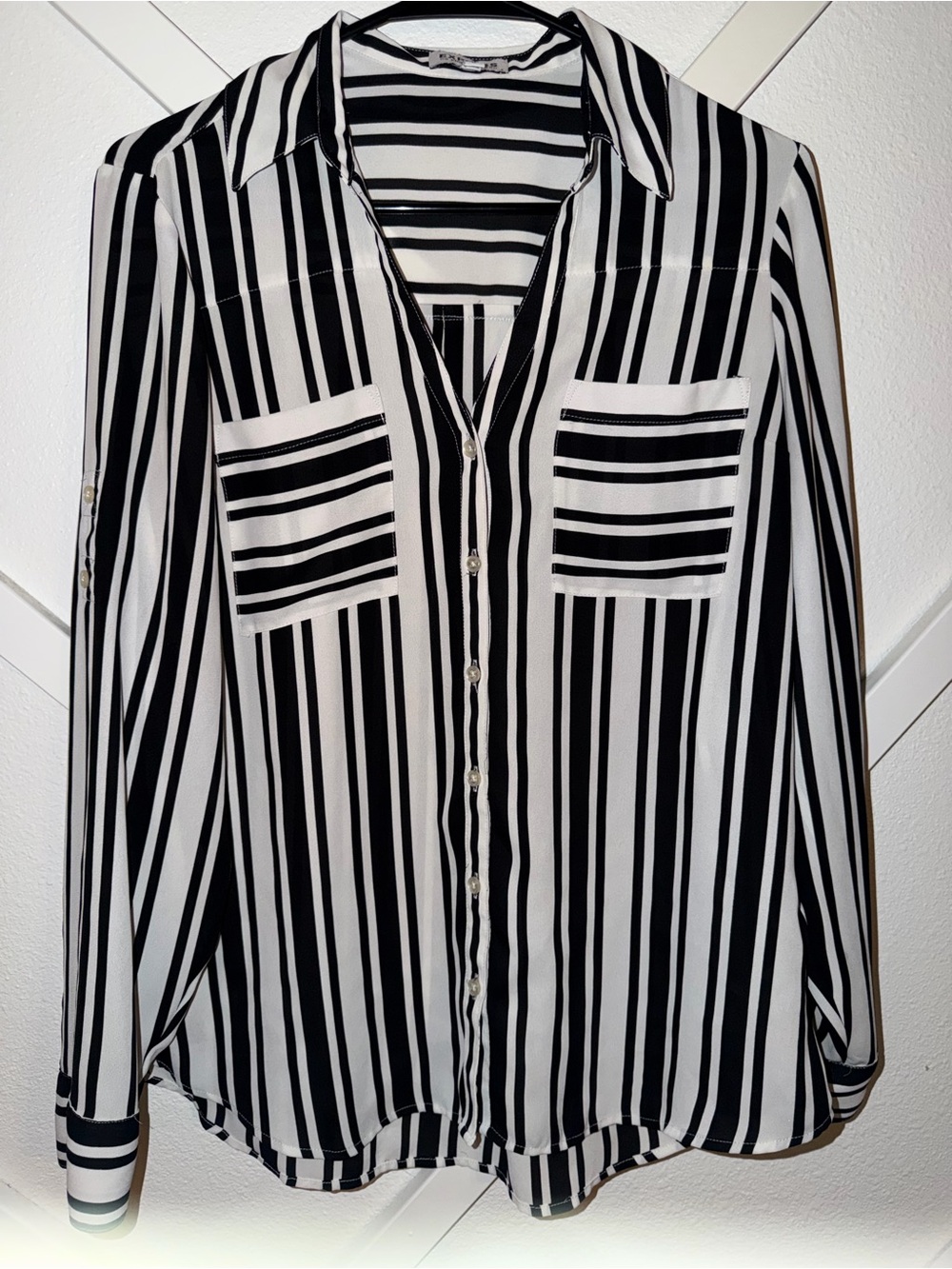 Express Black & White Striped Button-Front Blouse